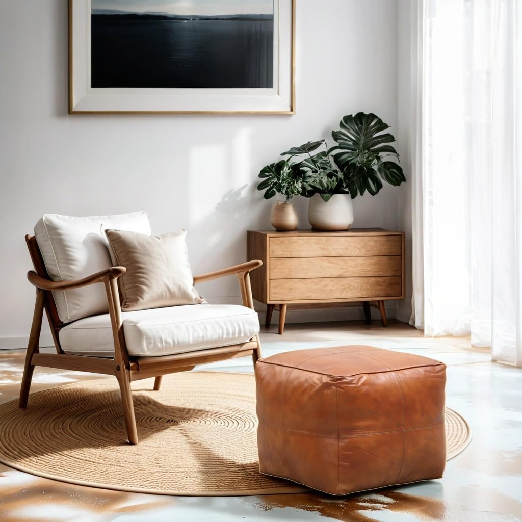 Vintage Sitzpouf Fjord modern Sitzkissen aus Leder in Braun 45 cm | Echtes Leder, Inklusive Füllung, Pouf Sitzhocker, Fußhocker Sitzsack, Skandinavische Deko