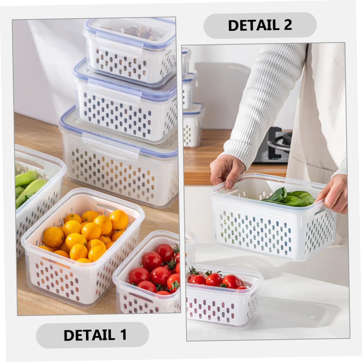 Alipis Set 3 Pezzi Contenitori per Frutta e Verdura con Coperchio, Design Trasparente in Pp, Capacità 850ml 1750ml 3300ml con Scolapiatti Rimovibile per Frigorifero