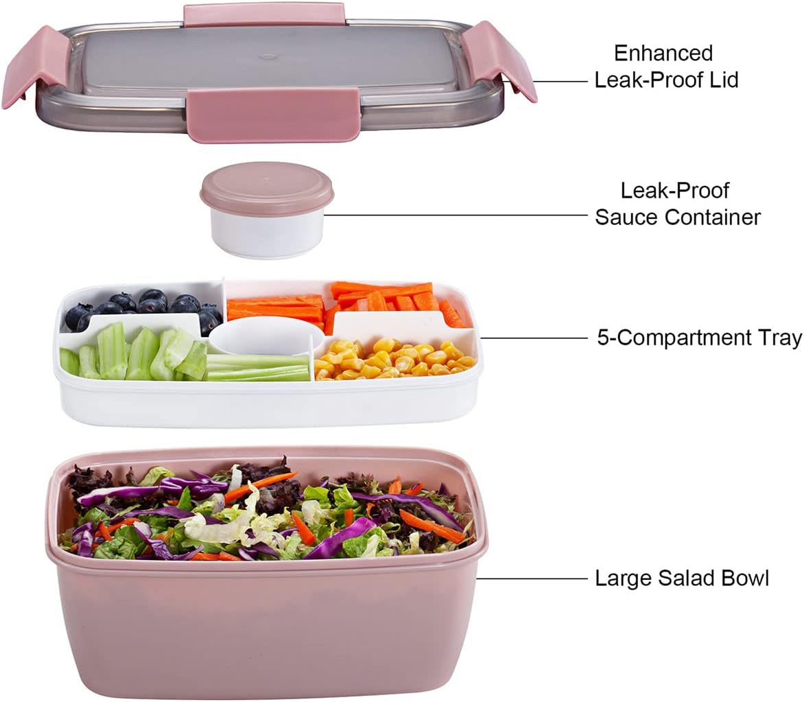 Caperci Large Salad Lunch Container - Adult Bento Lunch Box with 68 oz Salad Bowl, 5-Compartment Tray, 2pcs 3-oz Sauce Cups, Stackable, BPA-Free (Pink) - Image 4