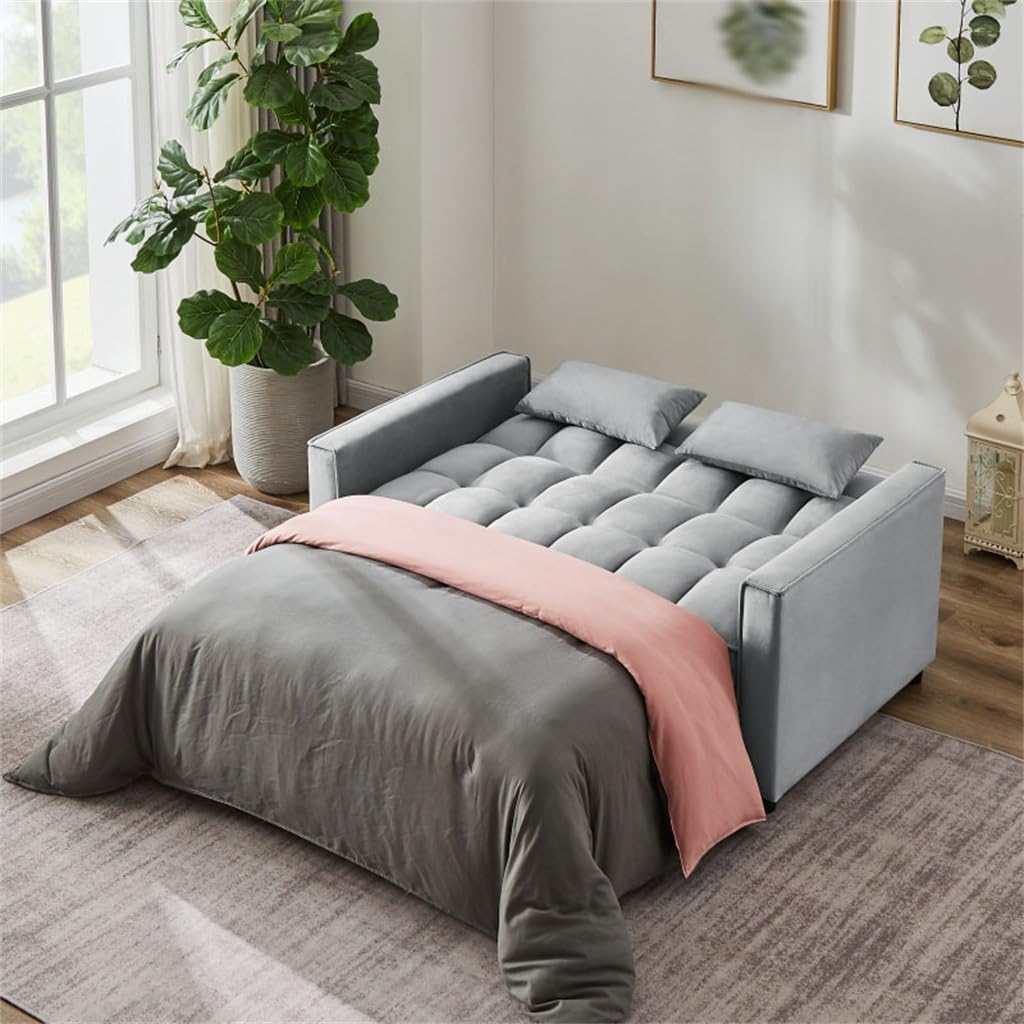 Velvet Convertible Loveseat with Adjustable Backrest with Pull-Out Bed and 2 Lumbar Pillows