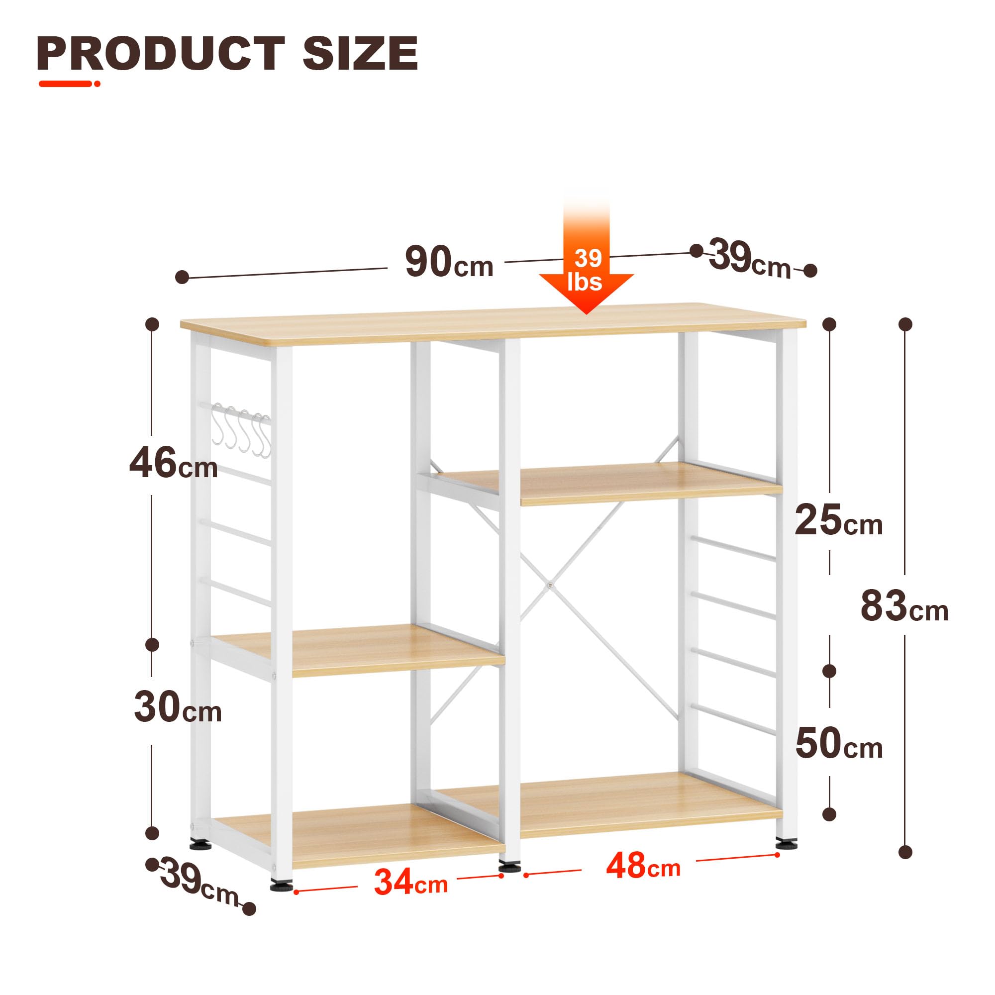 SogesPower Scaffale da Cucina per Microonde con Ganci a Forma di S, Scaffale Mobile Cucina a 3 Livelli per Utensili da Cucina e Spezie, 90 x 40 x 83 cm Acero