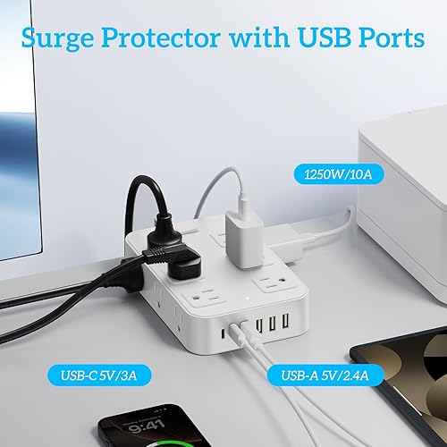 Miniatura 4 de Regleta protectora contra sobretensiones, cable de extensión de 5 pies con 12 salidas de CA, 6 puertos USB, enchufe plano, extensor de salida de 3