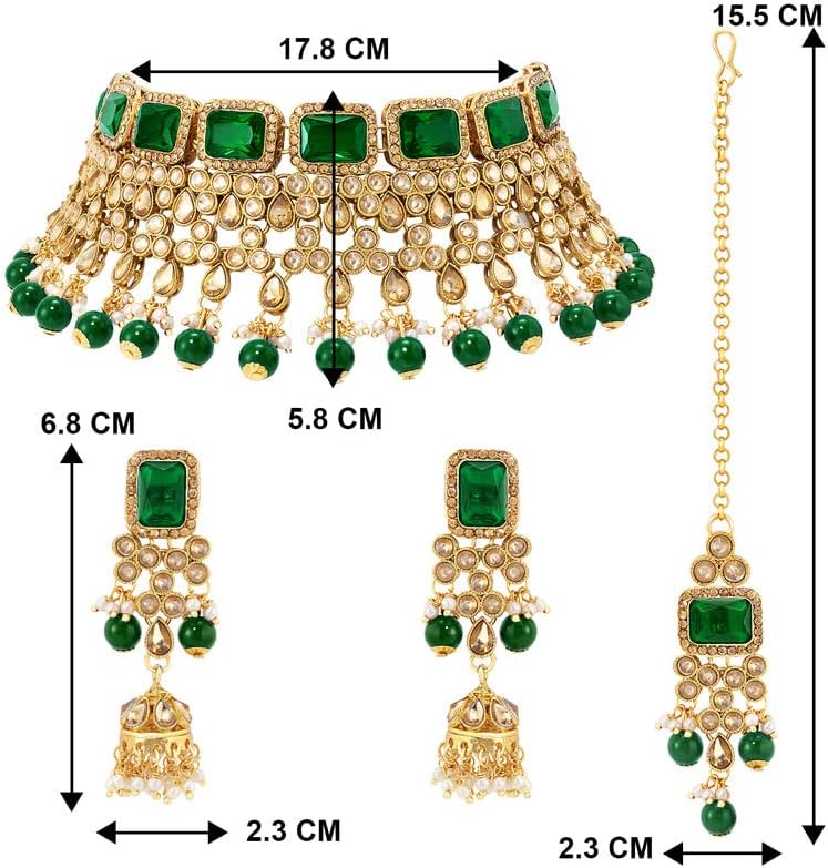 Aheli Kundan and Simulated Colored Stones Indian Ethnic Maang Tikka Necklace and Earrings Set Bollywood Festive Statement Jewelry Gift for Women - Image 5