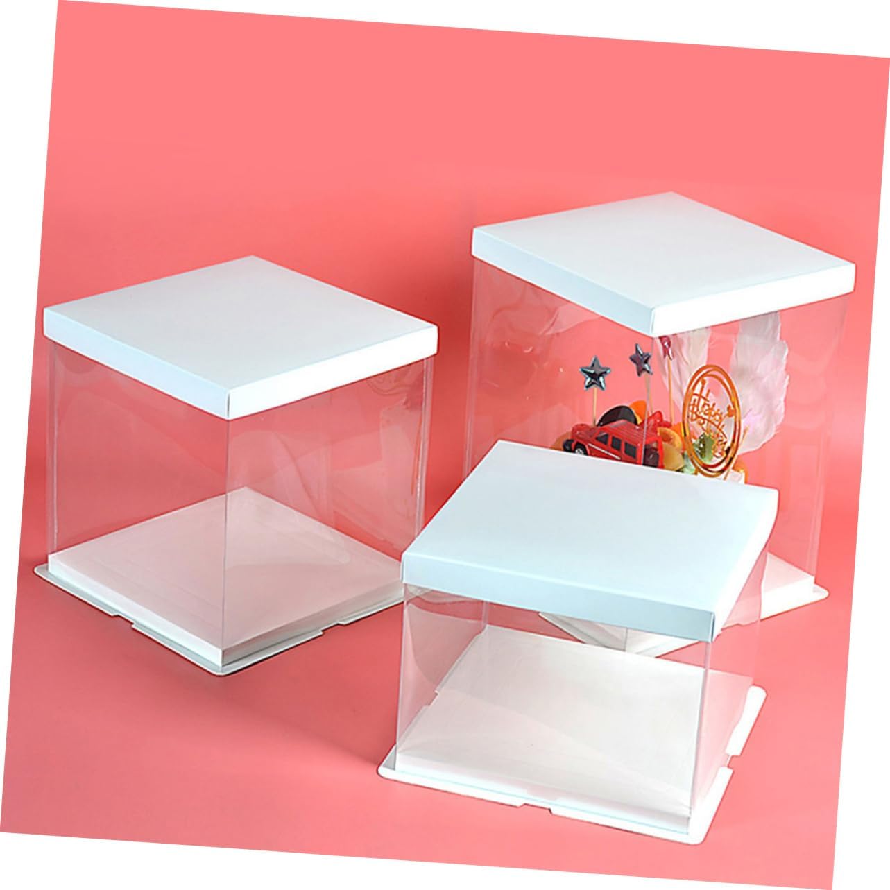 4Pcs Transparent Cake Boxes for Birthday Cake Packing Containers Floral Decorations Crafts Portable Cake Carrier with Design