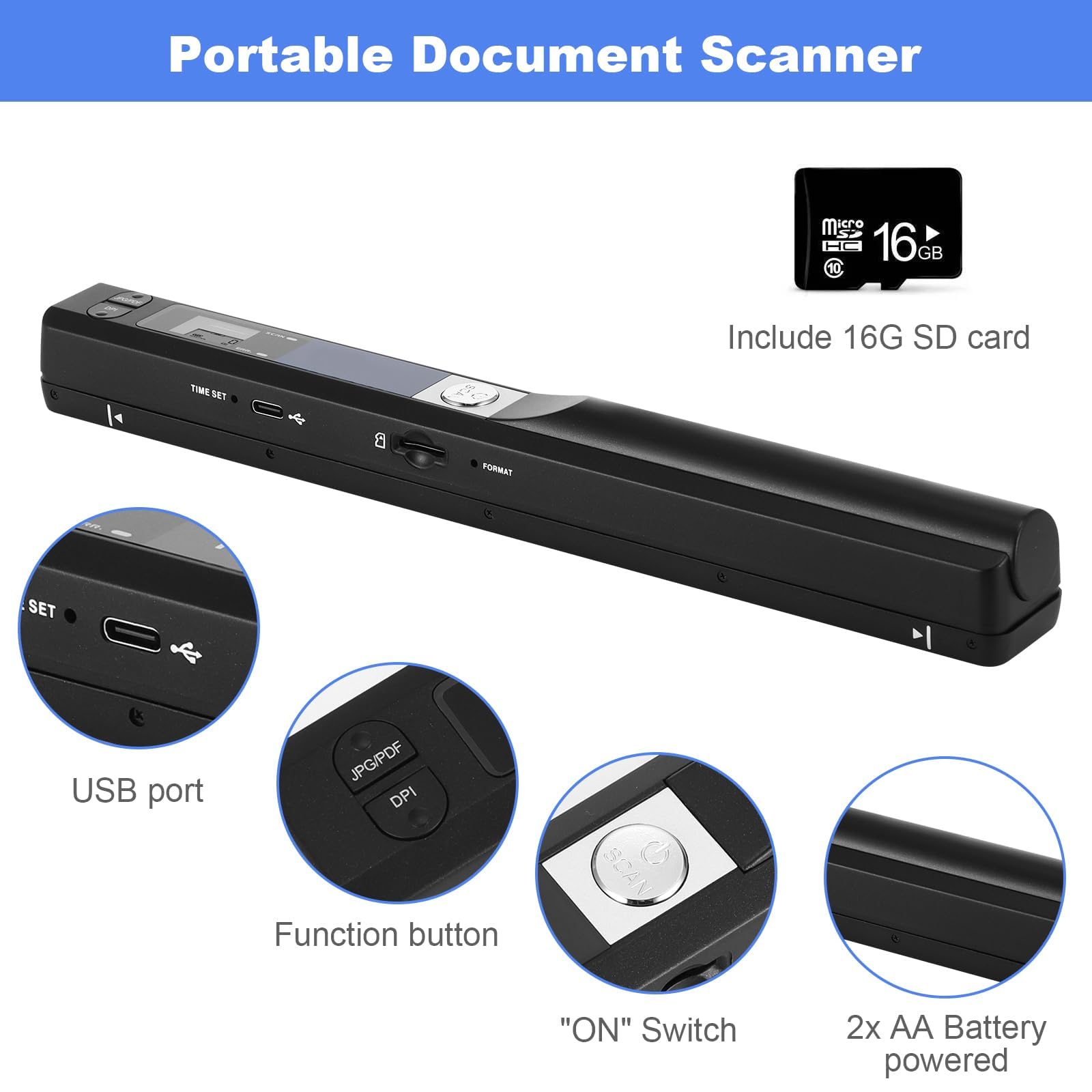 Scanner portatile 900 DPI A4 scansione colore USB ricaricabile con scheda SD 16 GB