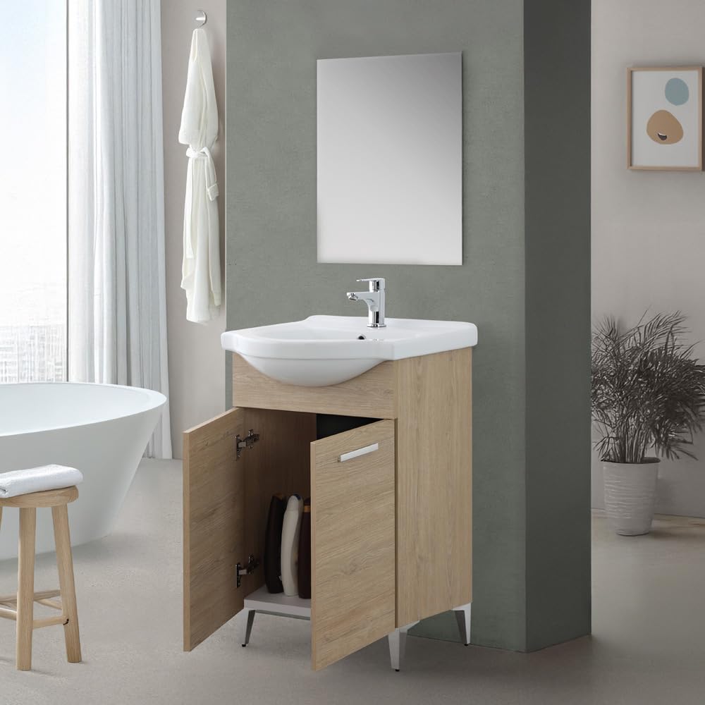 Composizione da Bagno 56x45 Moderna a Terra con Piedi Cromo Lucido - Completo di Specchio e Lavabo in Ceramica (Rovere Dolomite)