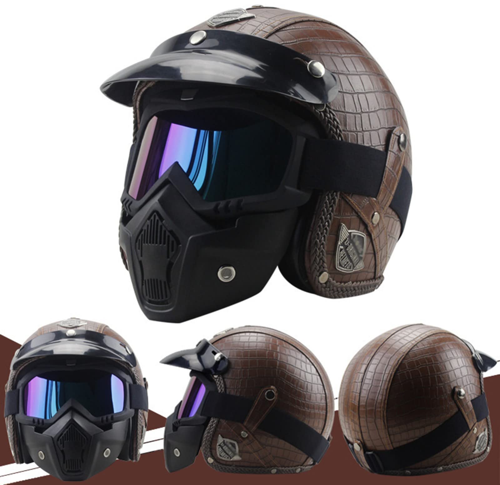 BAUTI Casco Motocicleta Retro Cara Abierta con Máscara Y Gafas Casco Jet 3/4 para Adultos Medio Casco Equitación Aprobado por ECE para Hombres Y Mujeres Ciclomotor Scooter A,XL=(61-62CM)