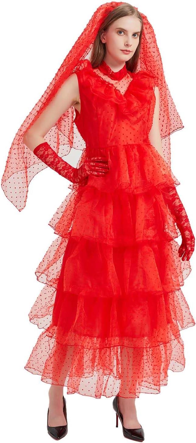 Lukvuzo Women's Bride Halloween Costume, Lydia Gothic Red Wedding Dress Cosplay with Veils and Mesh Gloves