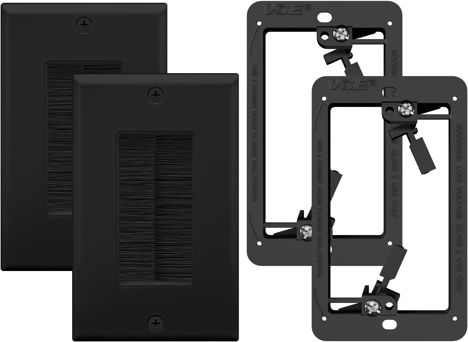 Brush Wall Plate with Bracket, Cable Pass Through Insert Single Gang Decorator Wall Cover for Low Voltage Cables, Cord Hider for Wall Mount TV, Home Theater System, Black (2-Pack)