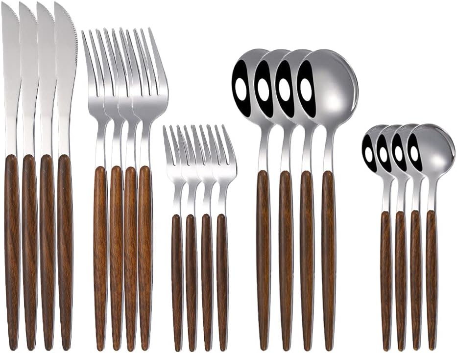 Silverware Set, 20pcs Gold Imitation Wooden Handle Dinnerware Set Mirror Stainless Steel Tableware Knife Fork Coffee Spoon Flatware Cutlery Sets BY KKZY (Color : Silver)