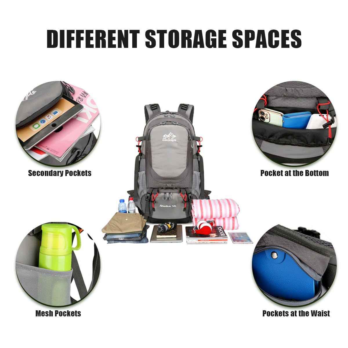 Mochila Senderismo,Mochila Trekking Antisalpicaduras con Funda Impermeable y Cuerdas de Fijación para Bastones de Trekking,40L Mochila Montaña para Senderismo,Camping,Trekking
