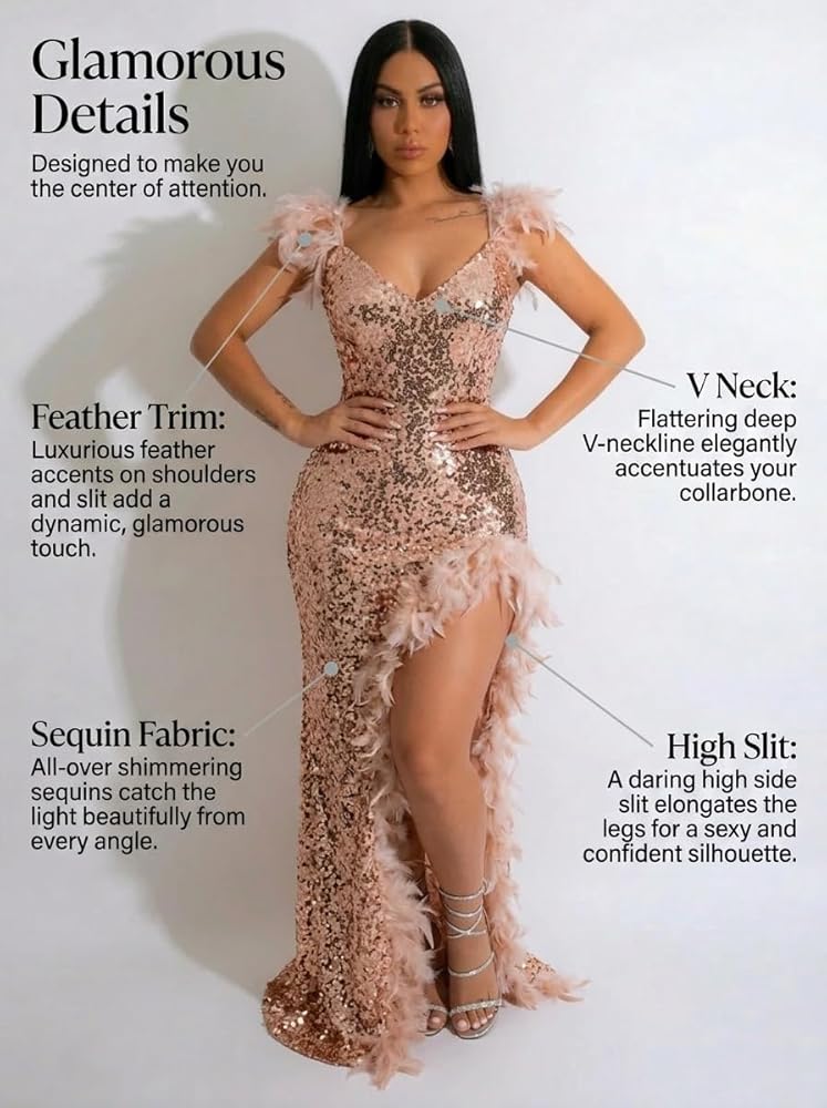 Amazon.com: ENOPINK Women's Sexy Sequin Dresses for Women Feather Deep V  Neck Long Dress Prom Gala Masquerade Ball Gown Beige S : Clothing, Shoes &  Jewelry