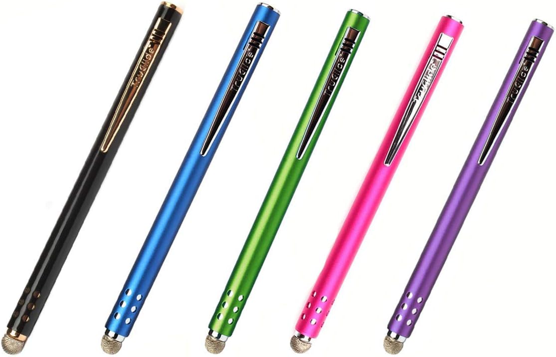 5-Pack TruGlide Mesh Fiber Stylus with Microfiber Knit Tip for All Capacitive Touch Screen Tablets, iPad, and Smartphone (Black with Gold Clip, Blue, Green, Pink, and Purple with Silver Clip), Lynktec