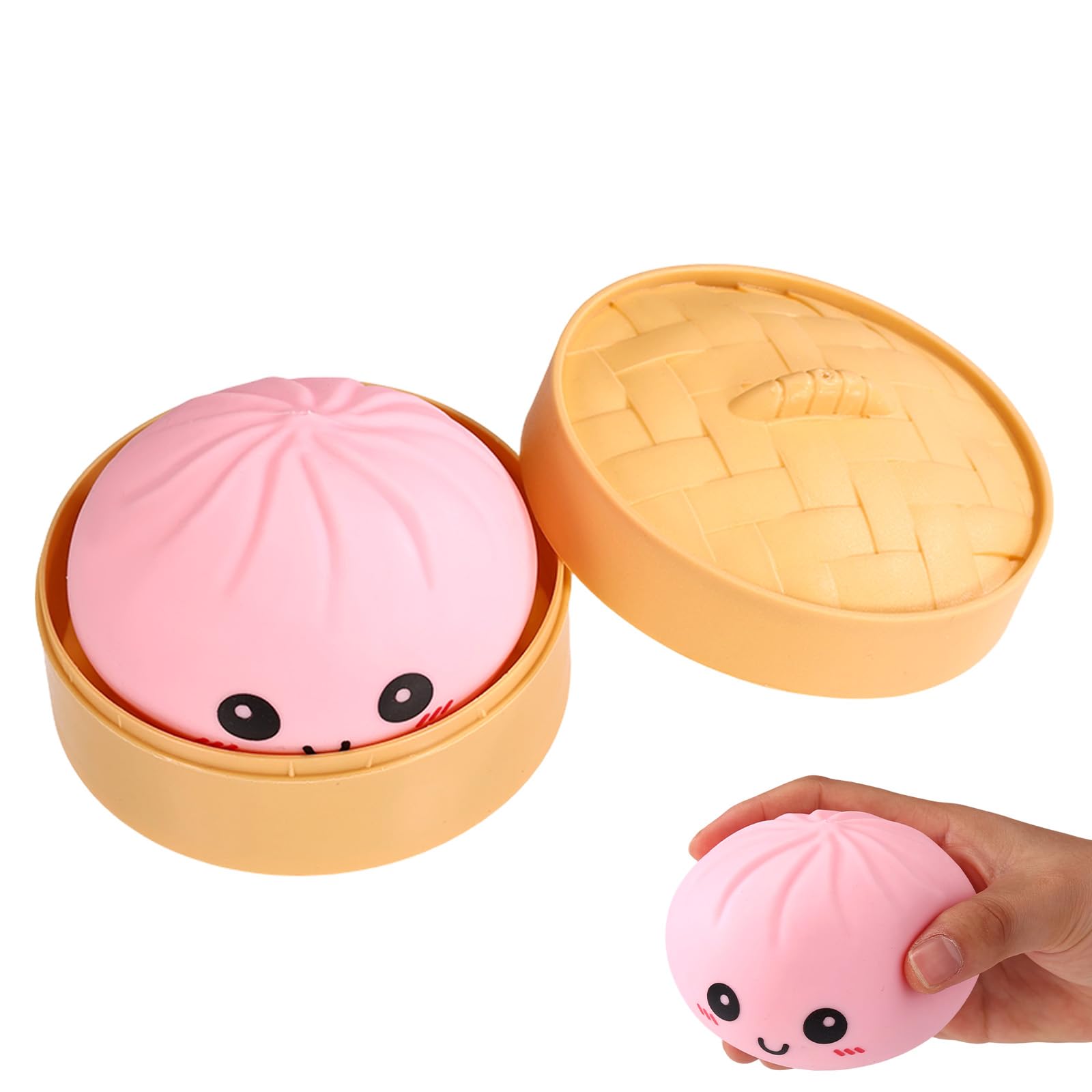 Giant Dumpling Squishy with Steamer Box, Soft Giant Dumpling Fidget with Cute Expression for Adults Birthday Holiday Present (Pink)