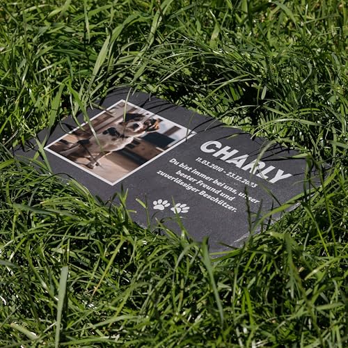 LAUBLUST Personalisierte Grabplatte mit Name & Foto als Grabschmuck für Hund, Katze & andere Haustiere - Erinnerung Motiv, 3 Größen | Schieferplatte mit Gravur als Tiergrabstein Deko & Tiere Grabtafel