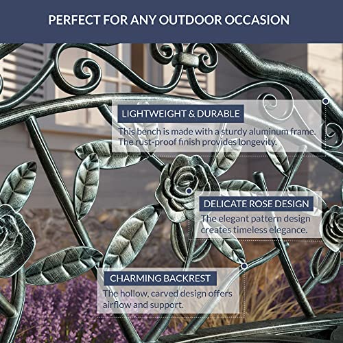Belleze Outdoor Bench, Patio Outdoor Garden Bench Cast Aluminum Metal Loveseat Chairs For Park, Yard, Porch, Lawn, Balcony, Backyard, Antique Floral Rose Accent Seat Furniture, Green #TOP3