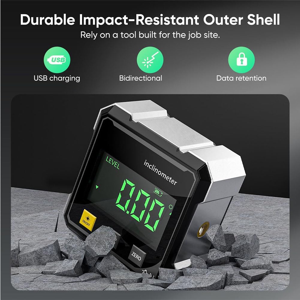 Strumento di misurazione digitale angolare, goniometro magnetico a 4 lati, strumento di misurazione magnetico con display LCD e ricarica USB-C per falegnameria, edilizia e fai da te