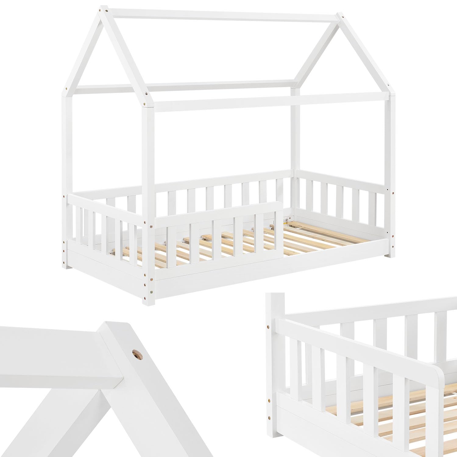 Juskys Lit Cabane Enfant Marli 80x160 cm Bois Massif Blanc avec Protection Antichute