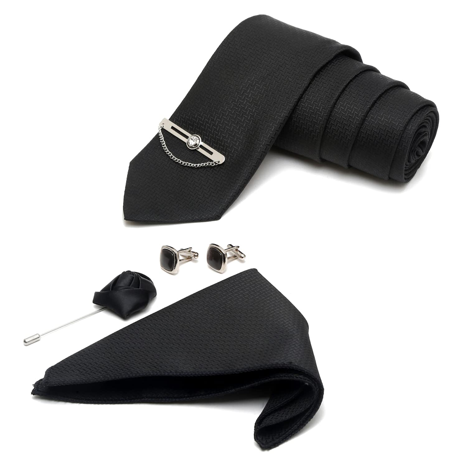 MUTAQINOTIMens Woven Premium Silk Necktie Set Incl Pocket Square Cufflinks Chrome Tiepin Brooch American Style Formal Tie Gift Set for Men (BLCPC)