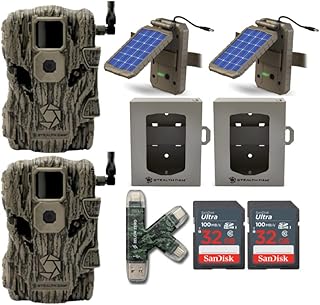 Stealth Cam Fusion X 26MP Trail Camera (2-Pack) with Solar Power Panel (2-Pack), Security Box (2-Pack), 4-in-1 Card Reader and Memory Card (2-Pack) Bundle (9 Items)