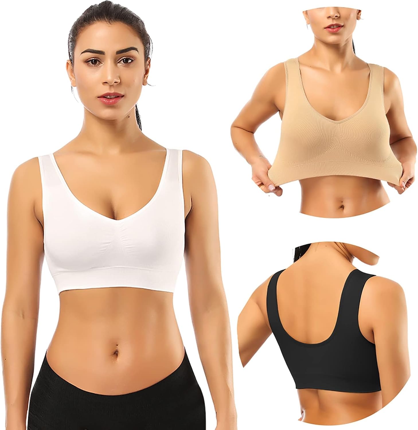 BESTENA Sports Bras for Women, Seamless Comfortable Yoga Bra with Removable Pads 3X-Large 03-3 Pack Black Nude White