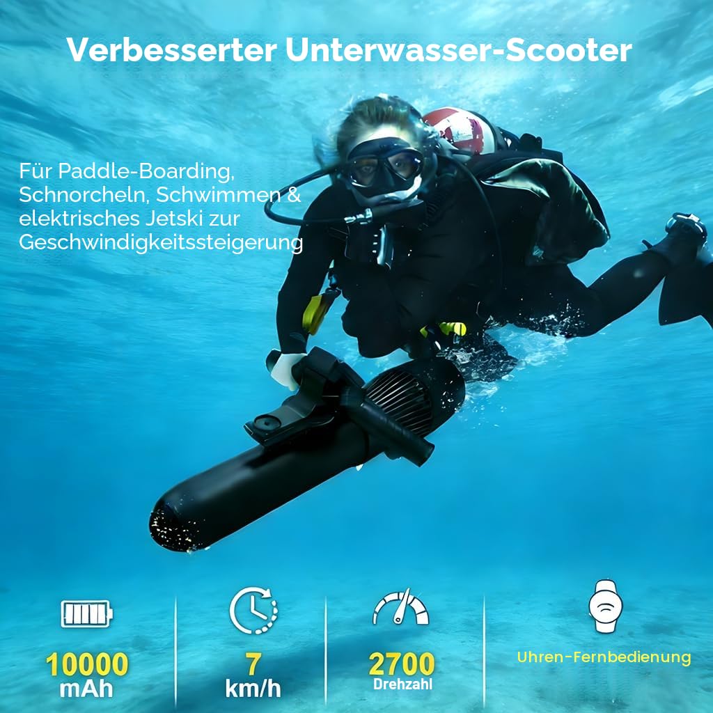 Unterwasserscooter 500W/10000 mAh, 130-Minuten Laufzeit, 10-Gang-Einstellbar (2,9-6,9 km/h), familienfreundlicher Unterwasser-Meer-Scooter für SUP-Paddelbrett, Pooltauchen und Schnorcheln