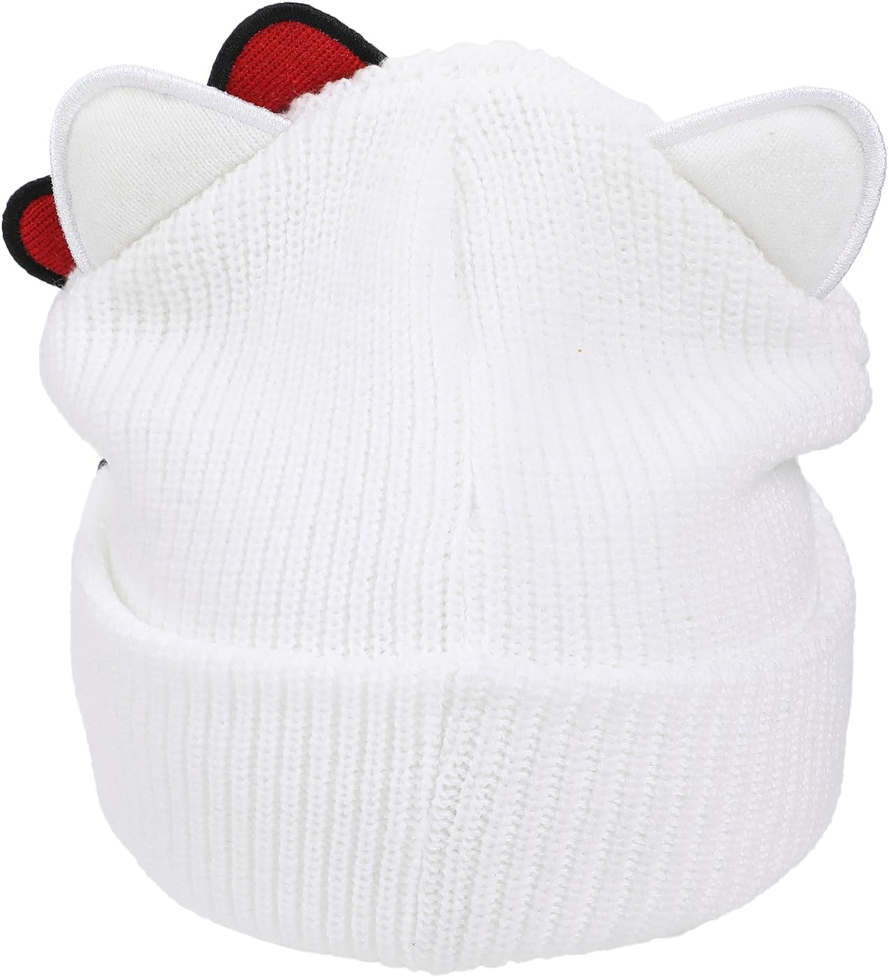 Hello Kitty Novelty Ear White Acrylic Beanie with Cut Fabric Bow with Embroidery and Red Woven Label Cuff Beanie - Image 5