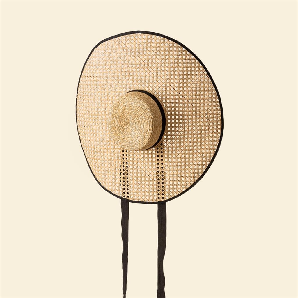 Retro Hand Knitting Hollow Out Large Eaves Flat Top Hat with Straps Stage Walking Show Sun