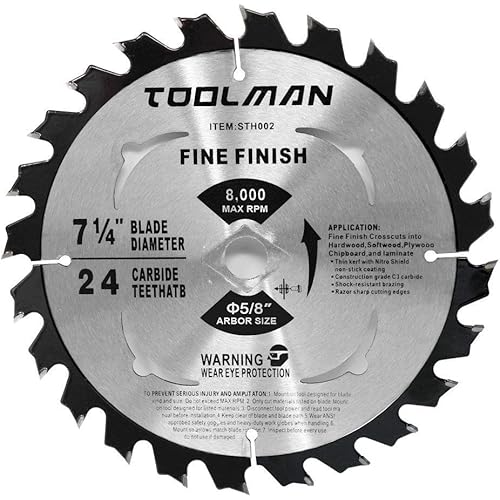 Toolman Premium Multifunctional Carbide-Tipped Circular Saw Blade Universal Fit 7-1/4" 5/8" 24T Table Miter Cutting For Wood Chipboard (Carbide 24T) STH002