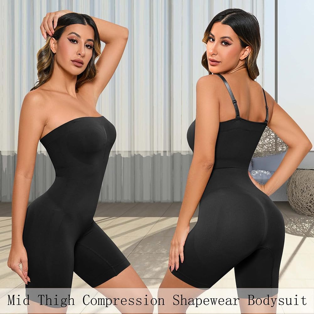 HOMETA Women's Shapewear Bodysuits Tummy Control Butt Lifter Body Shaper Strapless Seamless Mid Thigh Jumpsuit Tops - Image 2