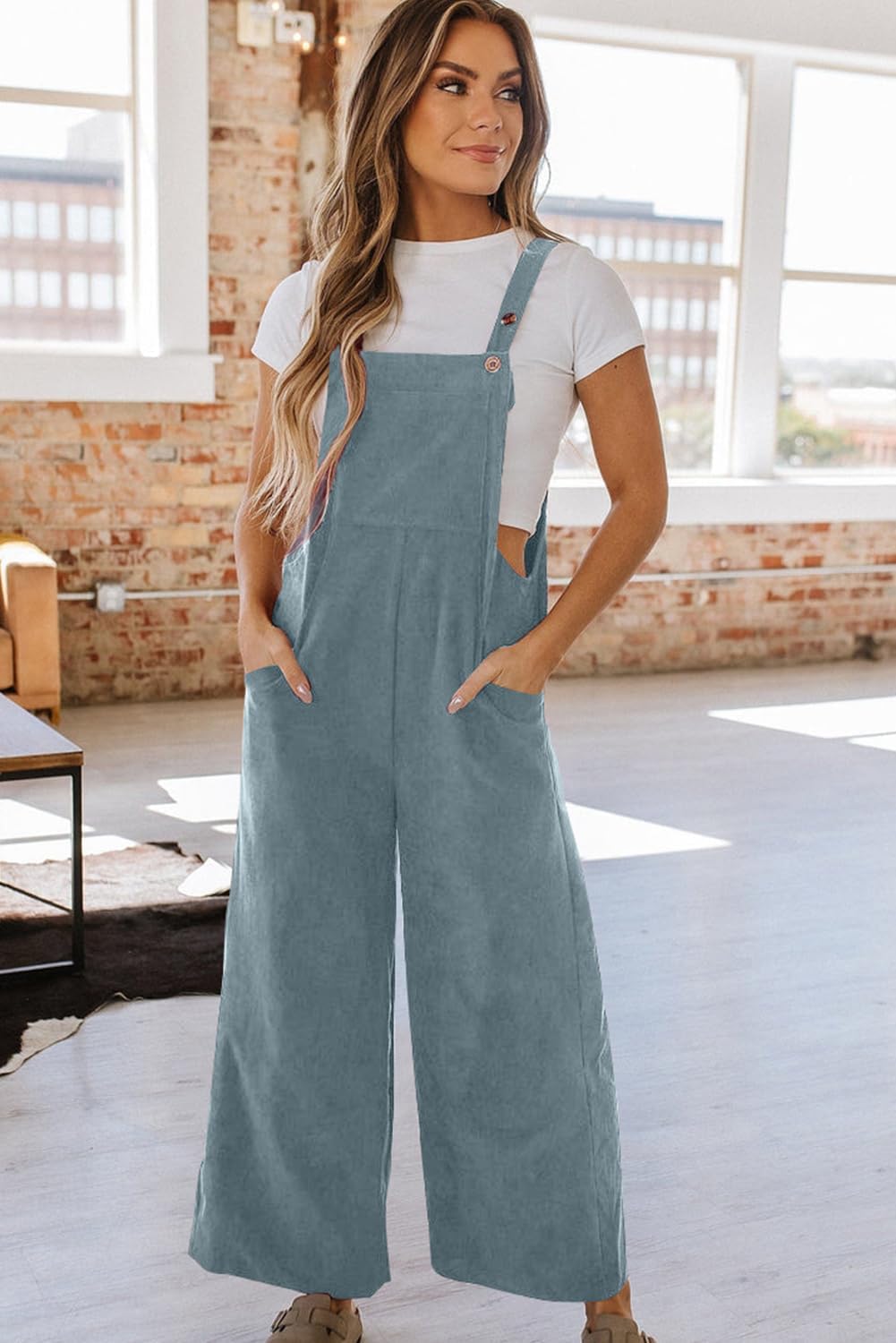 Happy Sailed Women Corduroy Overalls Winter Fall Casual Loose Sleeveless Adjustable Strap Wide Leg Jumpsuits with Pockets - Image 9