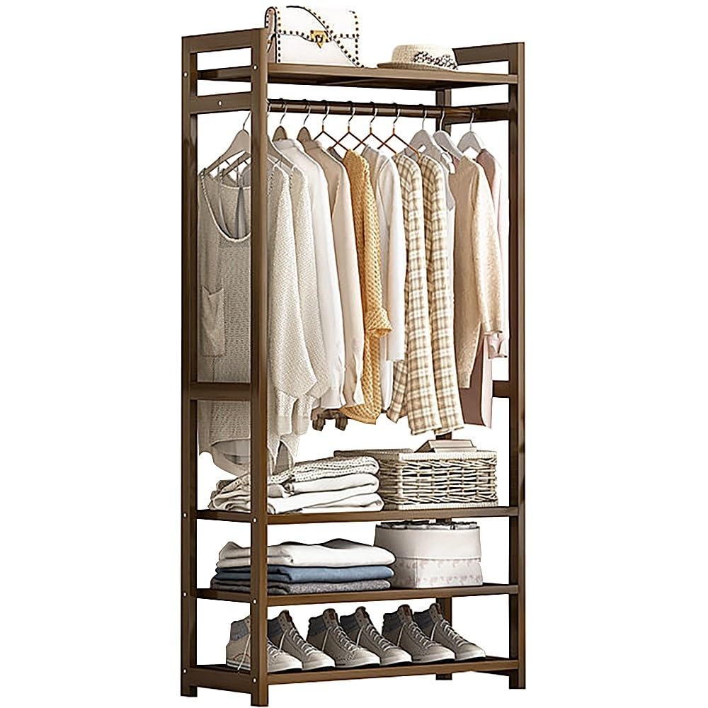 XDLEDMKIZ Bamboo Garment Rack with Storage Shelves and Compartments Freestanding Coat Stand for Bedroom and Entryway