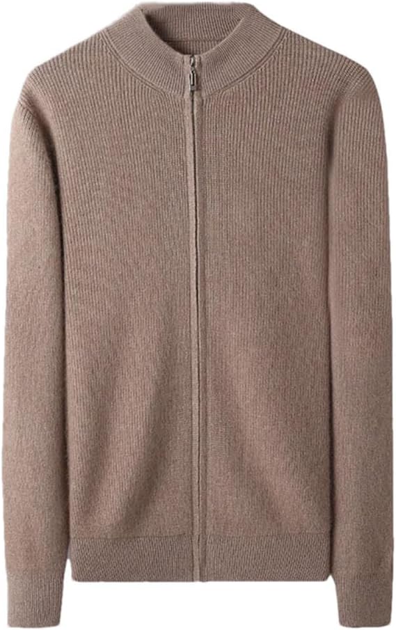 Men's 100 Percent Cashmere Zipper Cardigan Casual Long Sleeve Ribbed Knitted Sweater