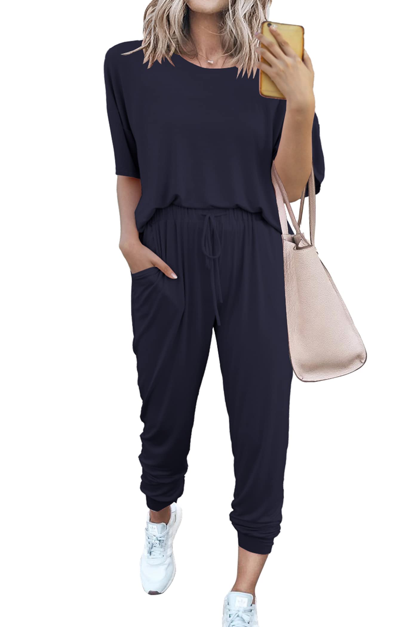 PRETTYGARDENWomen's 2 Piece Outfit Short Sleeve Pullover with Drawstring Long Pants Tracksuit Jogger Set, Navy, Medium