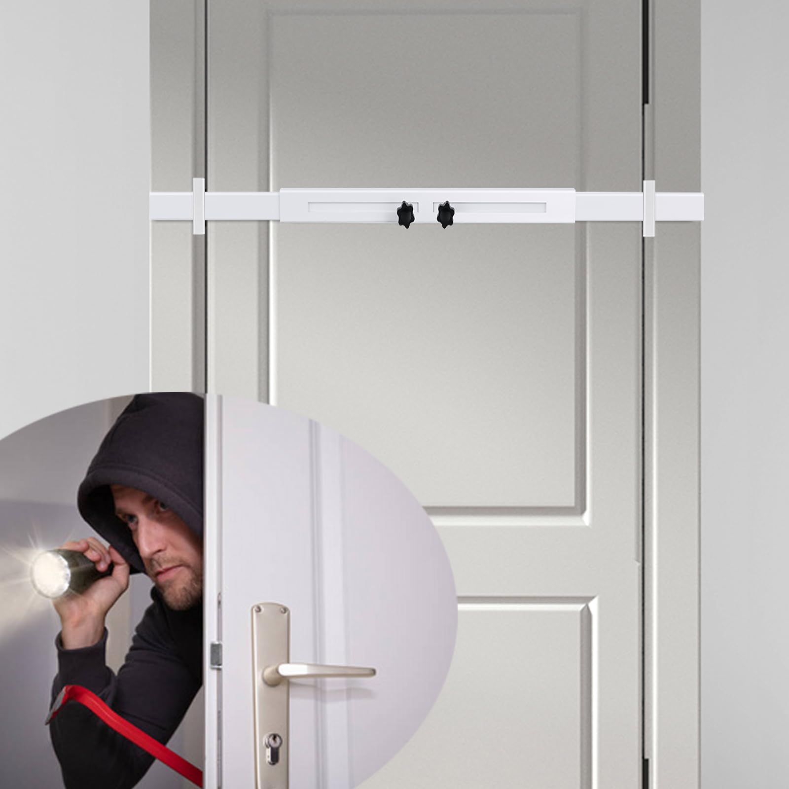 Barra de seguridad para puerta (blanco, resistente), uso como barra de seguridad para puerta, cerradura de refuerzo de puerta, protege la seguridad de toda la puerta. Se adapta a puertas de 76-99 cm