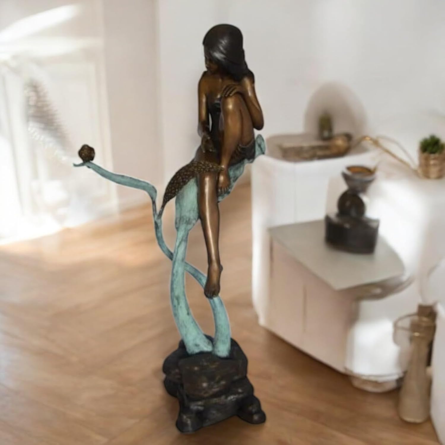 NIFAO Young Girl Sitting on Tree Bronze Statue – Large Garden Sculpture, Lost Wax Cast, Patina Finish, 35" L x 50" W x 55" H, 54Lb