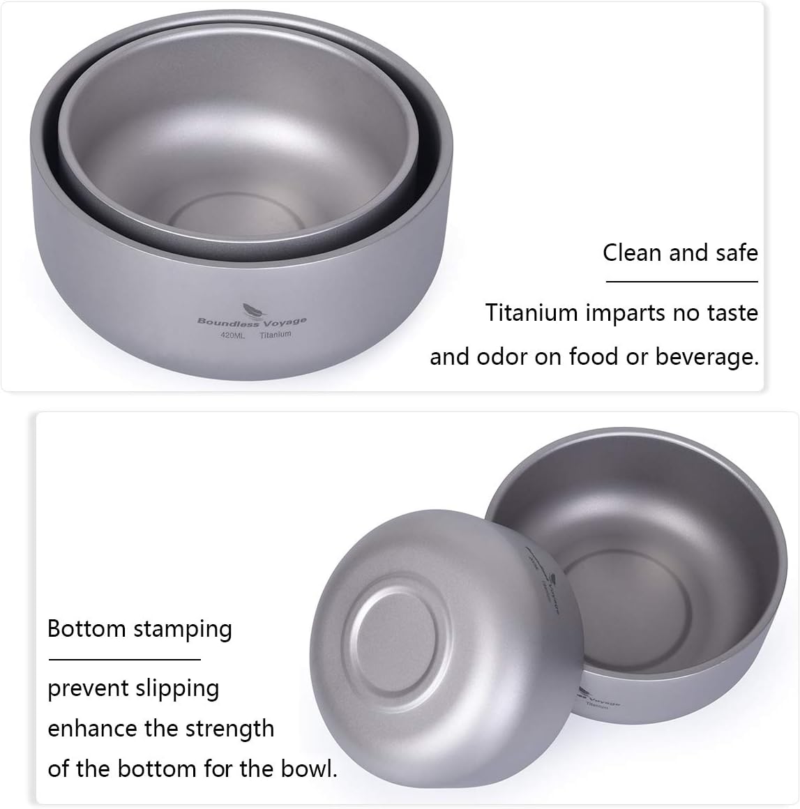 iBasingo Camping Titanium Bowl 420ml Double Walled Rice Soup Lightweight Outdoor Durable Metal Tableware for Outdoor Hiking Backpacking Home Use Dishwasher Safe - Image 4