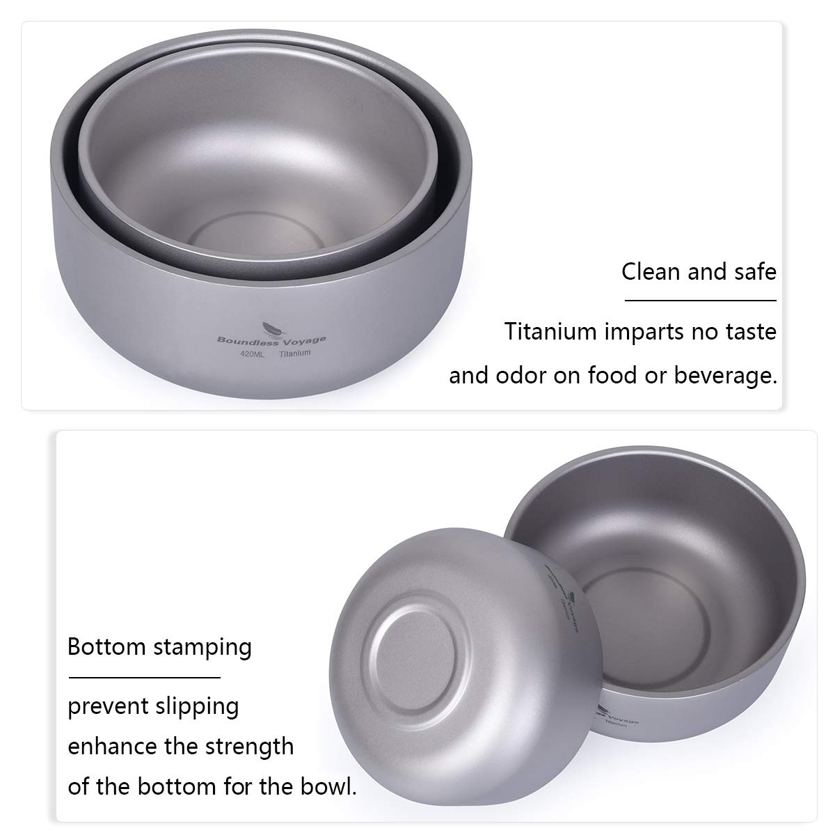 Boundless Voyage Ciotola a doppia parete in titanio, 420 ml, stile moderno, rotonda, leggera, anti-scottatura, adatta per adulti e bambini, per uso esterno e quotidiano