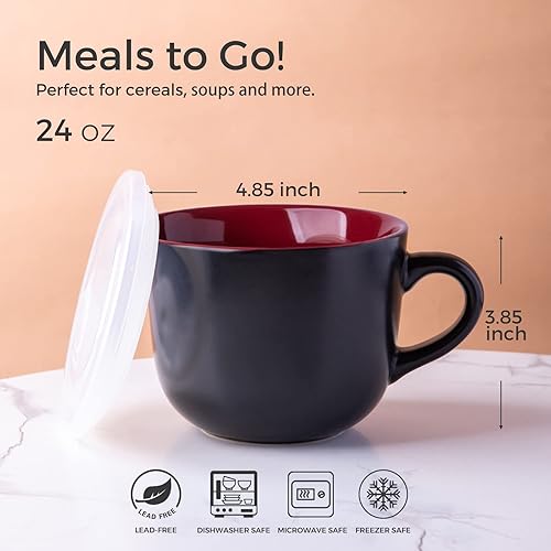 Miniatura 2 de GBHOME Tazas de sopa de cerámica con tapa tazas de sopa de 24 onzas con Hanlde para café cereales ensalada fideos té microondas y lavavajillas juego
