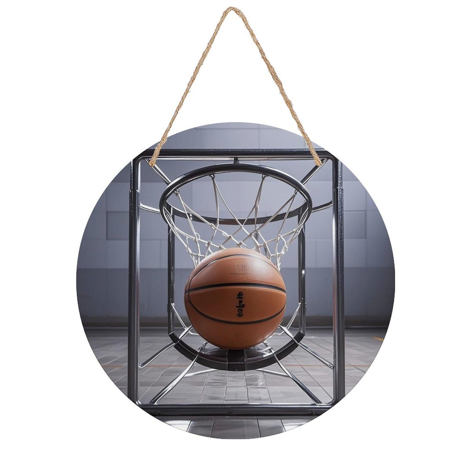 FekiLoot Round Basketball Wall Art Decor Painting Wooden Hanging Sign with Ropes Bohemian Wall Hanging Retro Mid Century Modern Wall Art for Home Bedroom Living Room 7.9x7.9 in