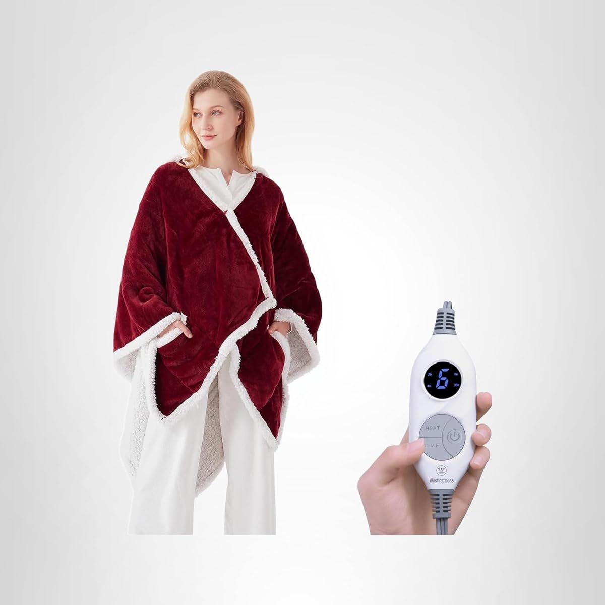 Westinghouse Wearable Heated Throw Blanket, Electric Heated Wrap Poncho Shawl with Pockets, 6 Heating Levels & 2 to 10 Hours Time Settings, 50 x 60 Inch, Red