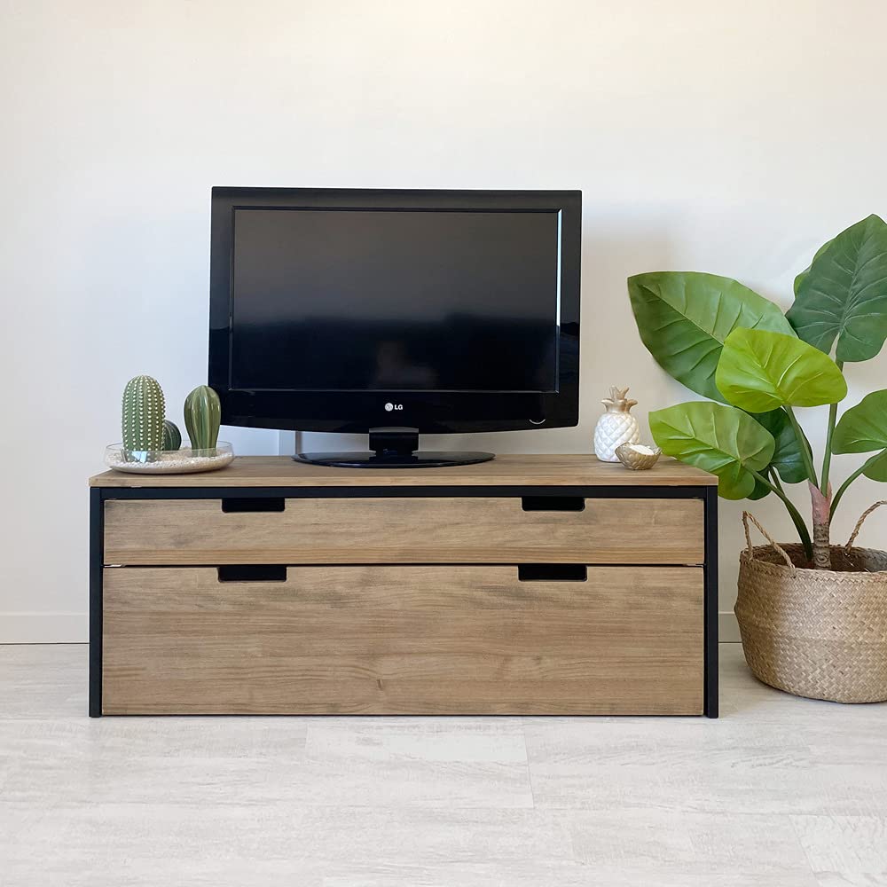 Mobile TV iCub Thre ECO alto 120x40 cm 47 cm con cassetto superiore e doppio cassetto estraibile in legno massello e acciaio laccato Nero