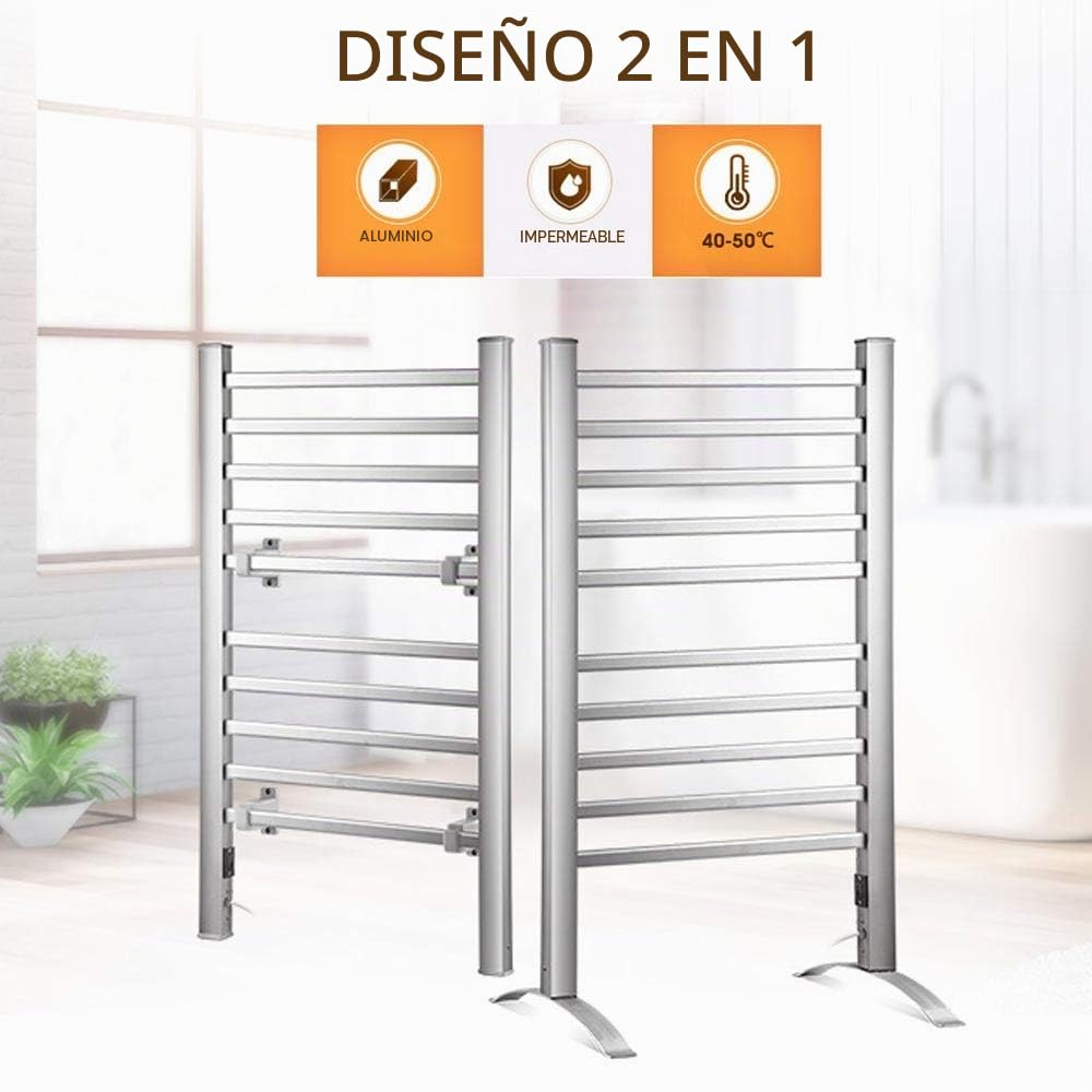 Bakaji 2832768 Radiador Toallero Eléctrico Bajo Consumo Aluminio, 10 elementos, 2en1 suelo o pared
