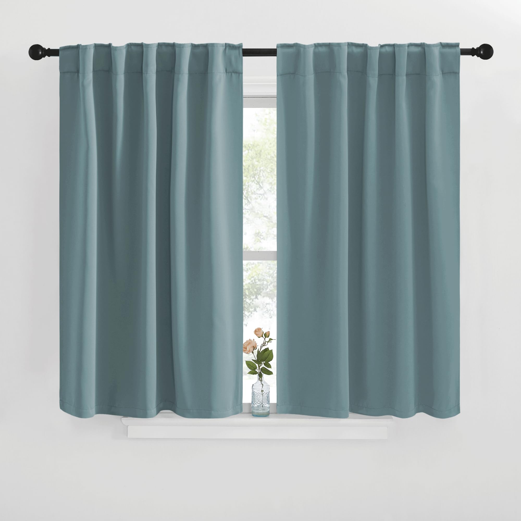 NICETOWN Blackout Curtain Panels for Kitchen - (Greyish Blue Color) 29x36 inch, 2 Panels Set, Room Darkening Blackout Drapes for Window