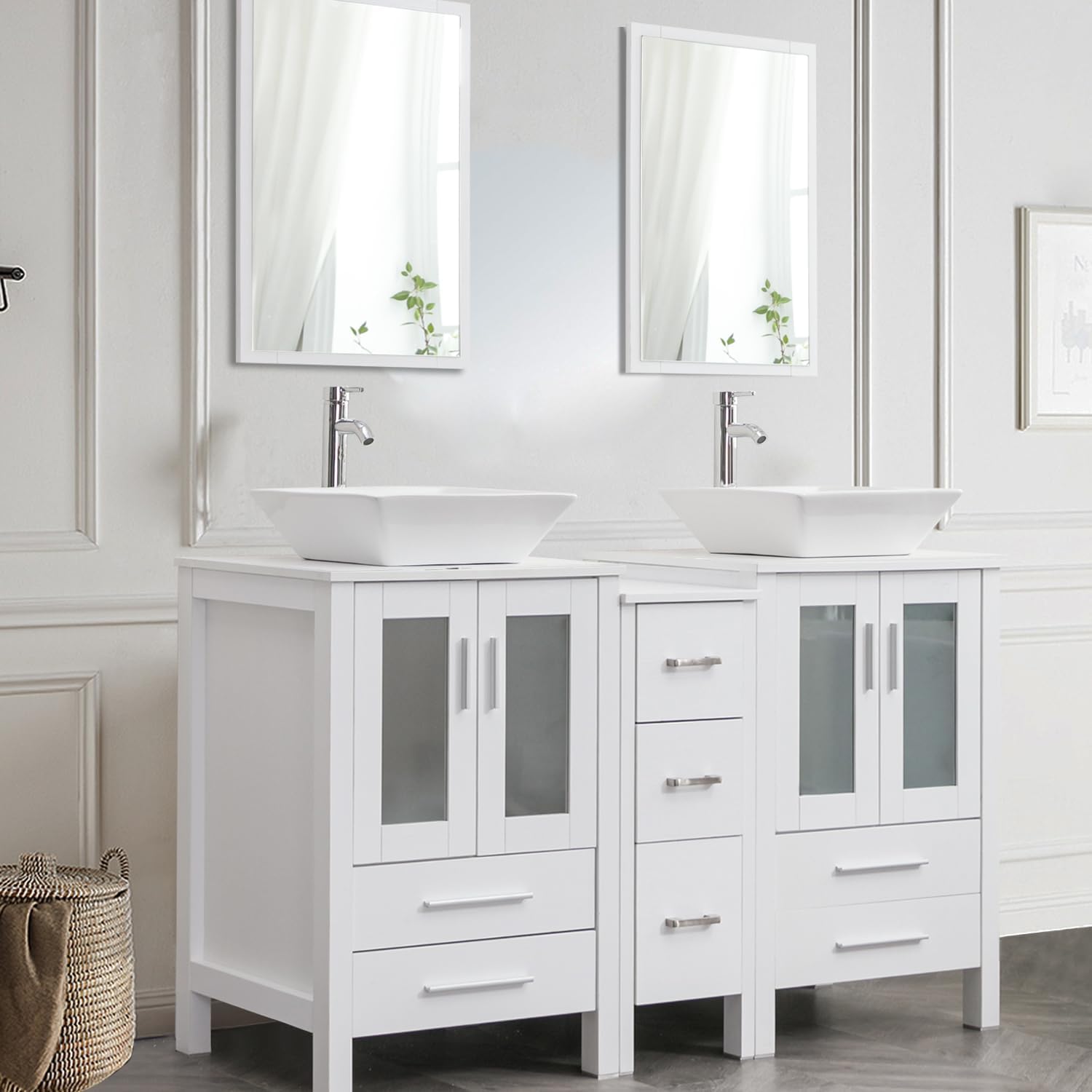 UEV 60" White Bathroom Vanity Set, Double Vanity with Double Vessel Sink Combo and Removable Side Cabinet,Mirror Not Included(A07)