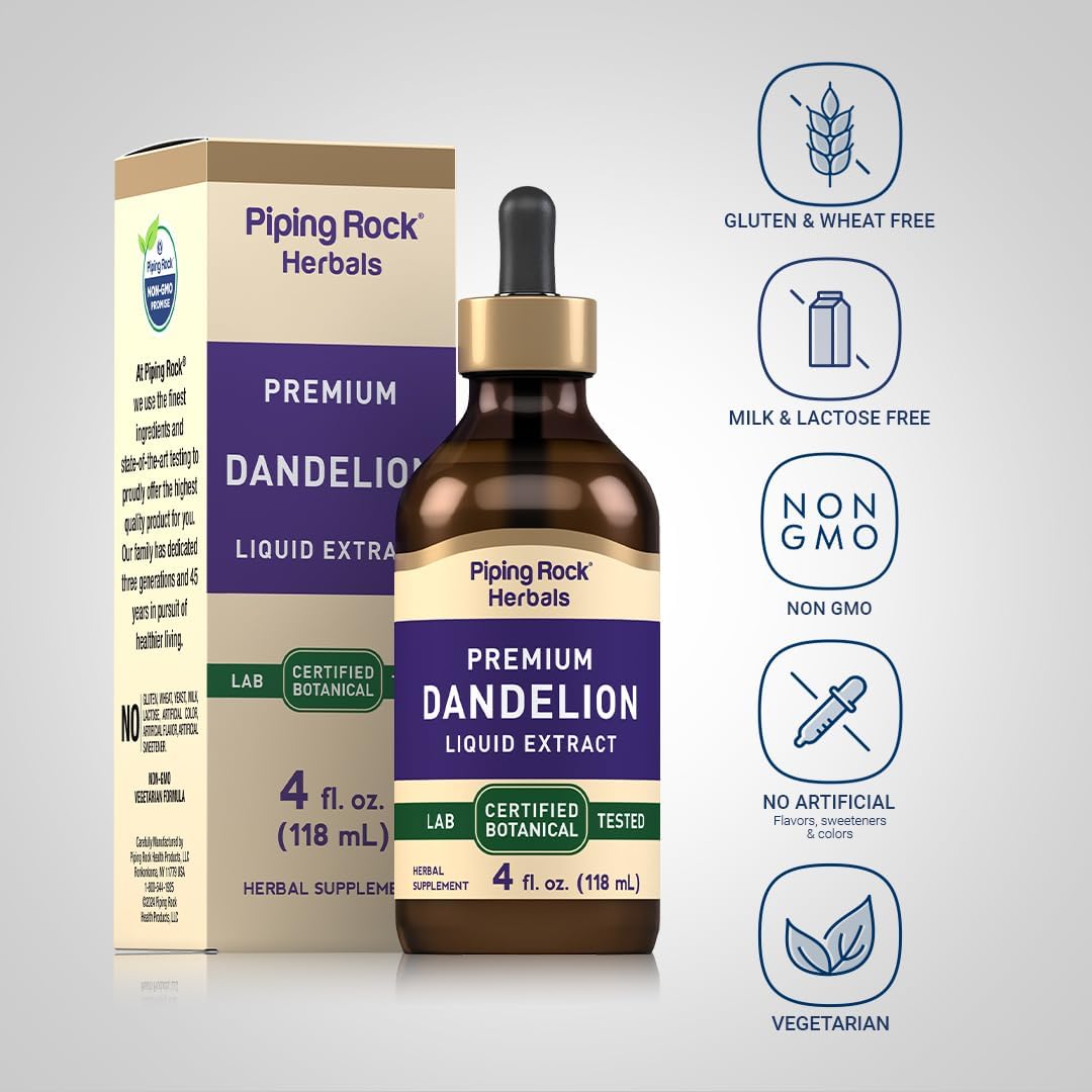 Piping Rock Dandelion Root Extract Liquid Drops | 4 fl oz | Premium Tincture Herbal Supplement | Alcohol Free | Vegetarian, Non-GMO, Gluten Free - Image 3