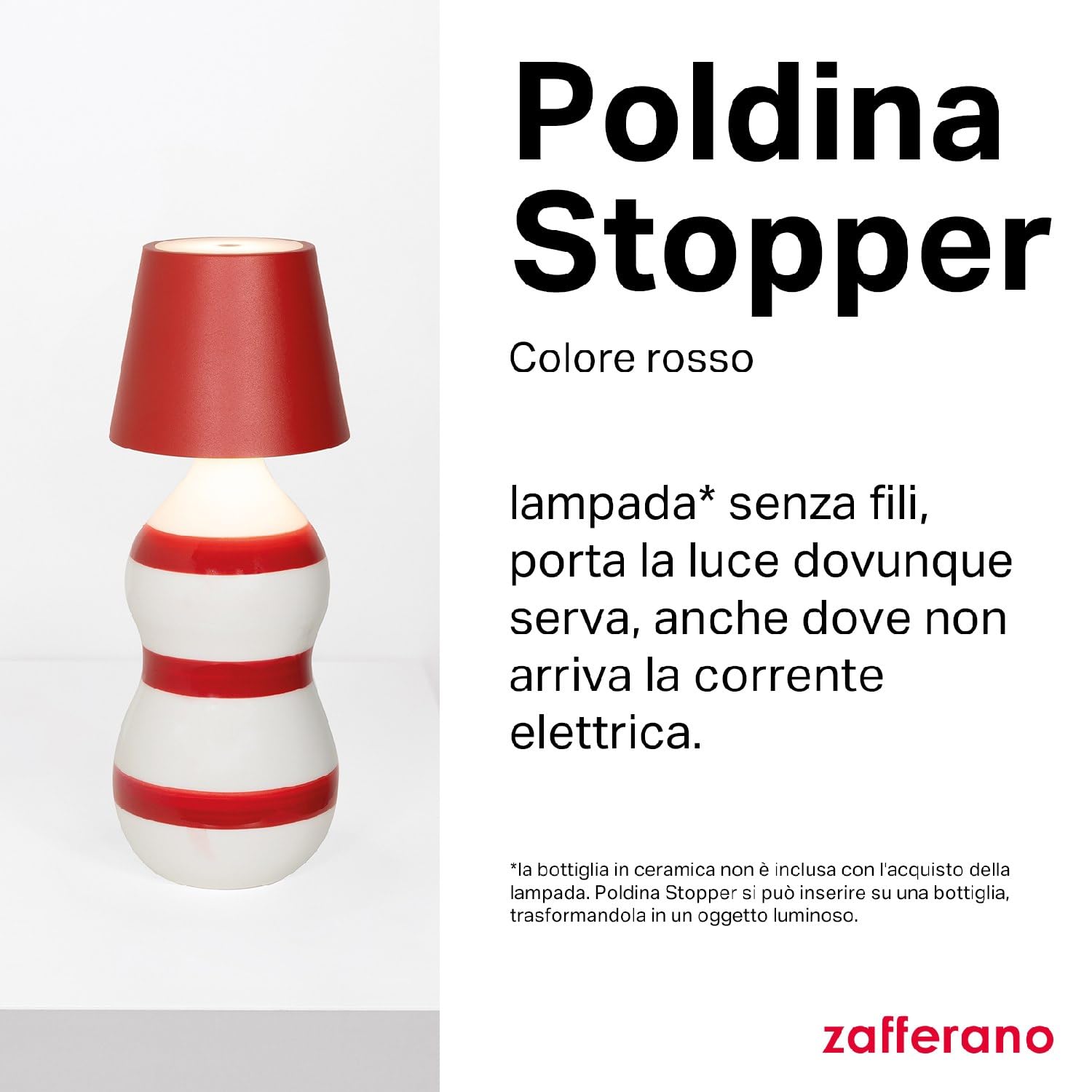 Zafferano, Lampada Poldina Stopper, Lampada per Bottiglia Ricaricabile e Senza Fili con Controllo Touch, Adatta per Salotto ed Esterni, Dimmer, 2200-3000 K, Altezza 11 cm, Colore Rosso