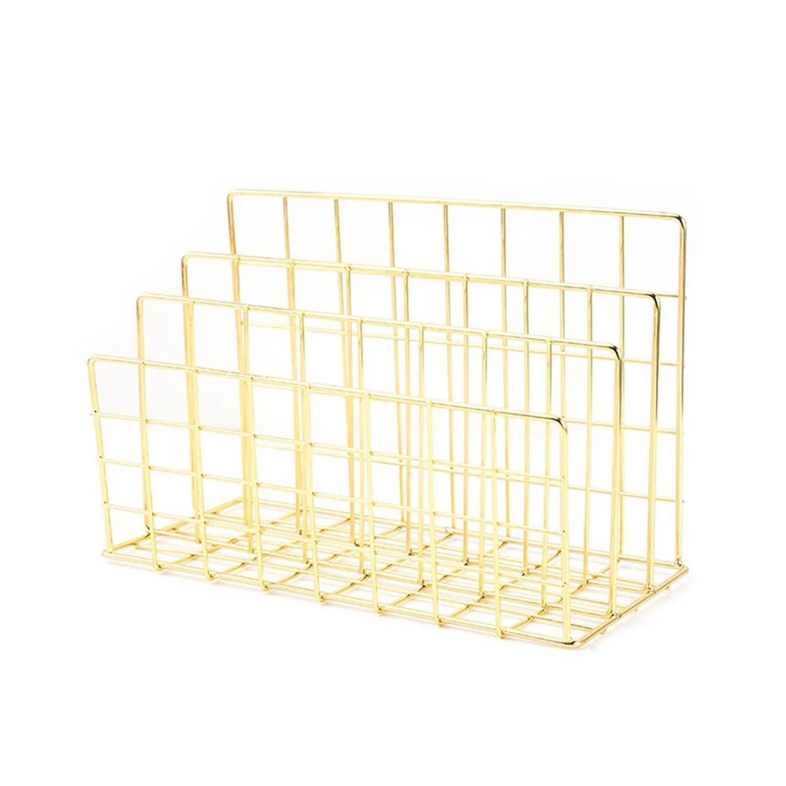 LOVSSU Newspaper Rack Stationery Organizer Notebook Stand Rack 3-Layer Metal Iron Mesh Holder For Magazine Document File Book Office(S Gold)