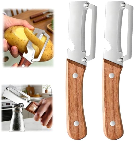 Multi-Functional Vegetable Peeler fo Kitchen: 2 in 1 Stainless Steel Peeler with Wooden Handle and Bottle Opener - Peelers for Potato Pumpkin Papaya Zucchini (2 pcs) - 1