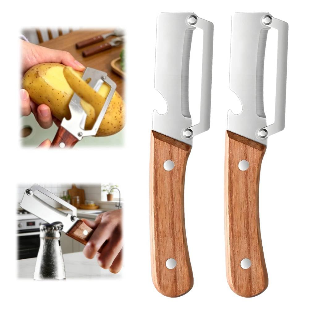 Multi-Functional Vegetable Peeler fo Kitchen: 2 in 1 Stainless Steel Peeler with Wooden Handle and Bottle Opener - Peelers for Potato Pumpkin Papaya Zucchini (2 pcs) - 2